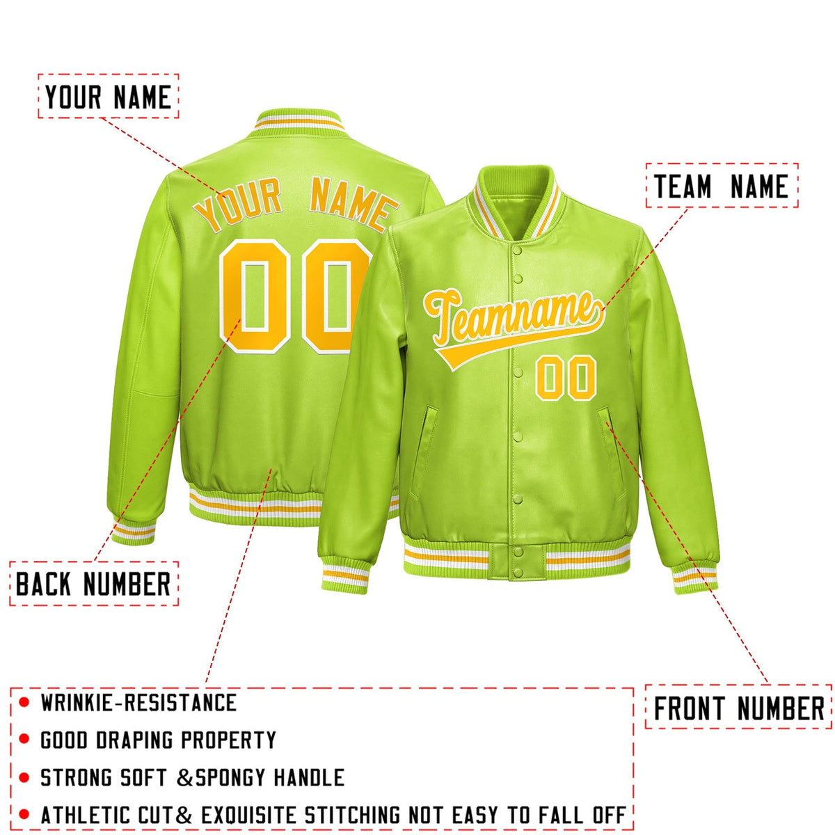 Custom Neon Green Yellow Full-Snap Varsity Faux Leather Letterman Jacket| KXKSHOP