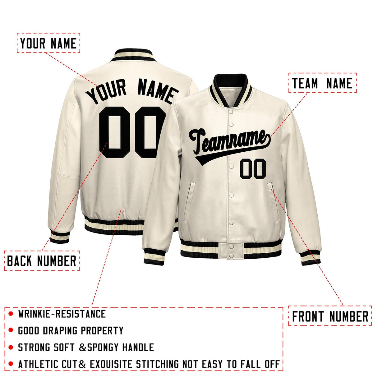 Custom Cream Black Full-Snap Varsity Faux Leather Letterman Jacket| KXKSHOP