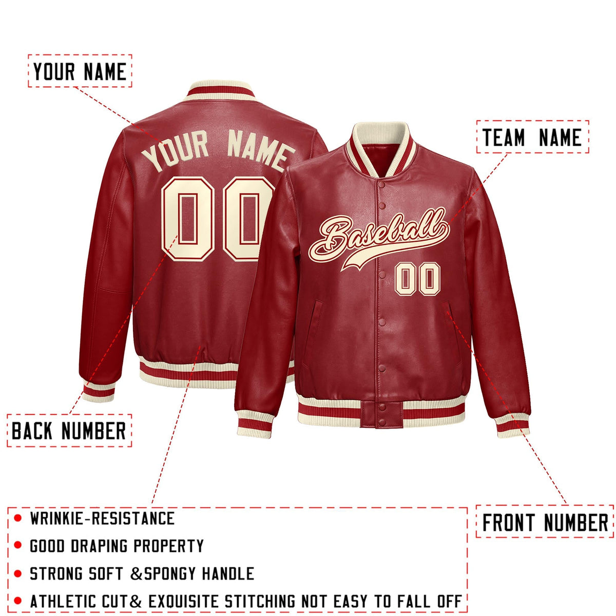 Custom Red Cream Full-Snap Varsity Faux Leather Letterman Jacket| KXKSHOP