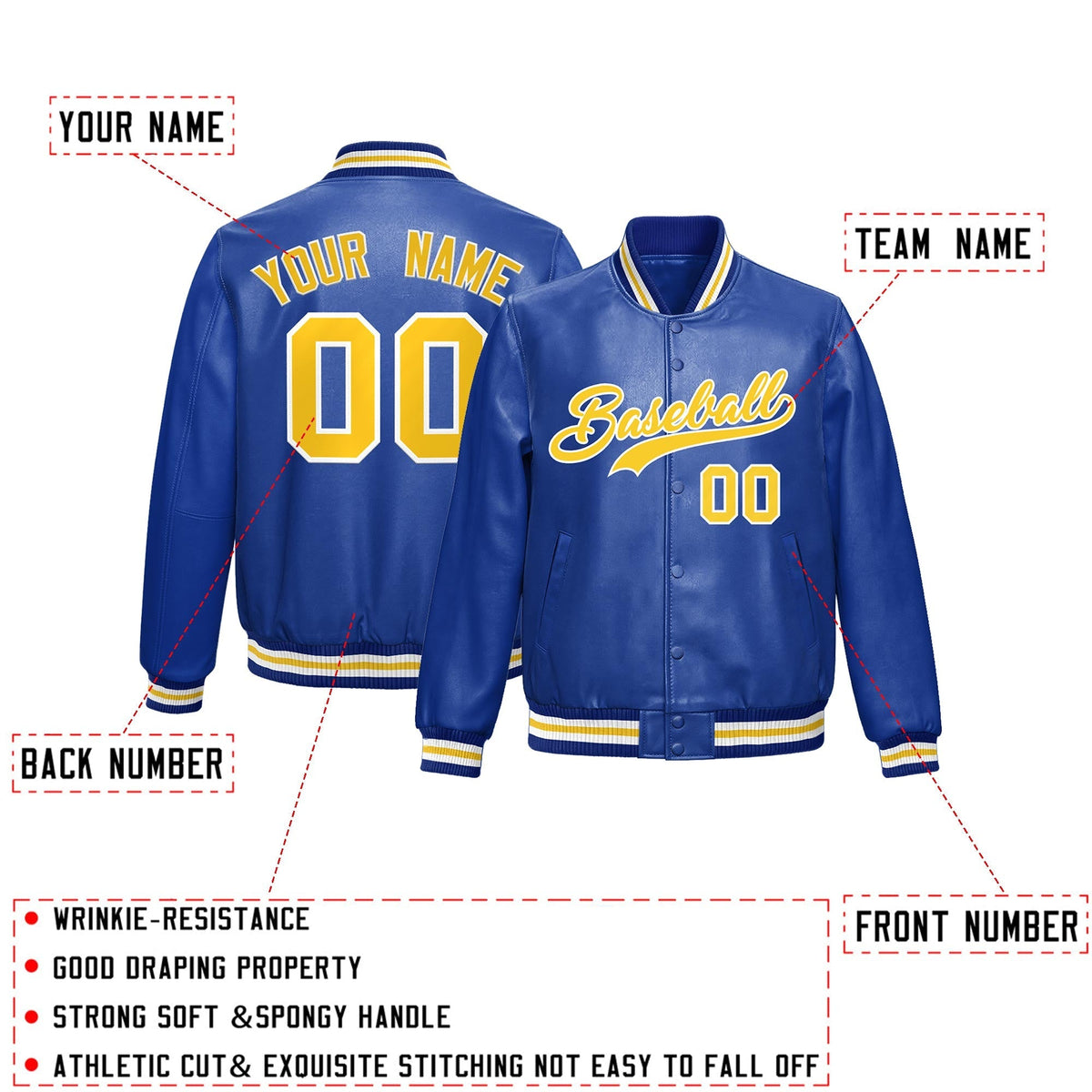 Custom Royal Blue Gold Full-Snap Varsity Faux Leather Letterman Jacket| KXKSHOP
