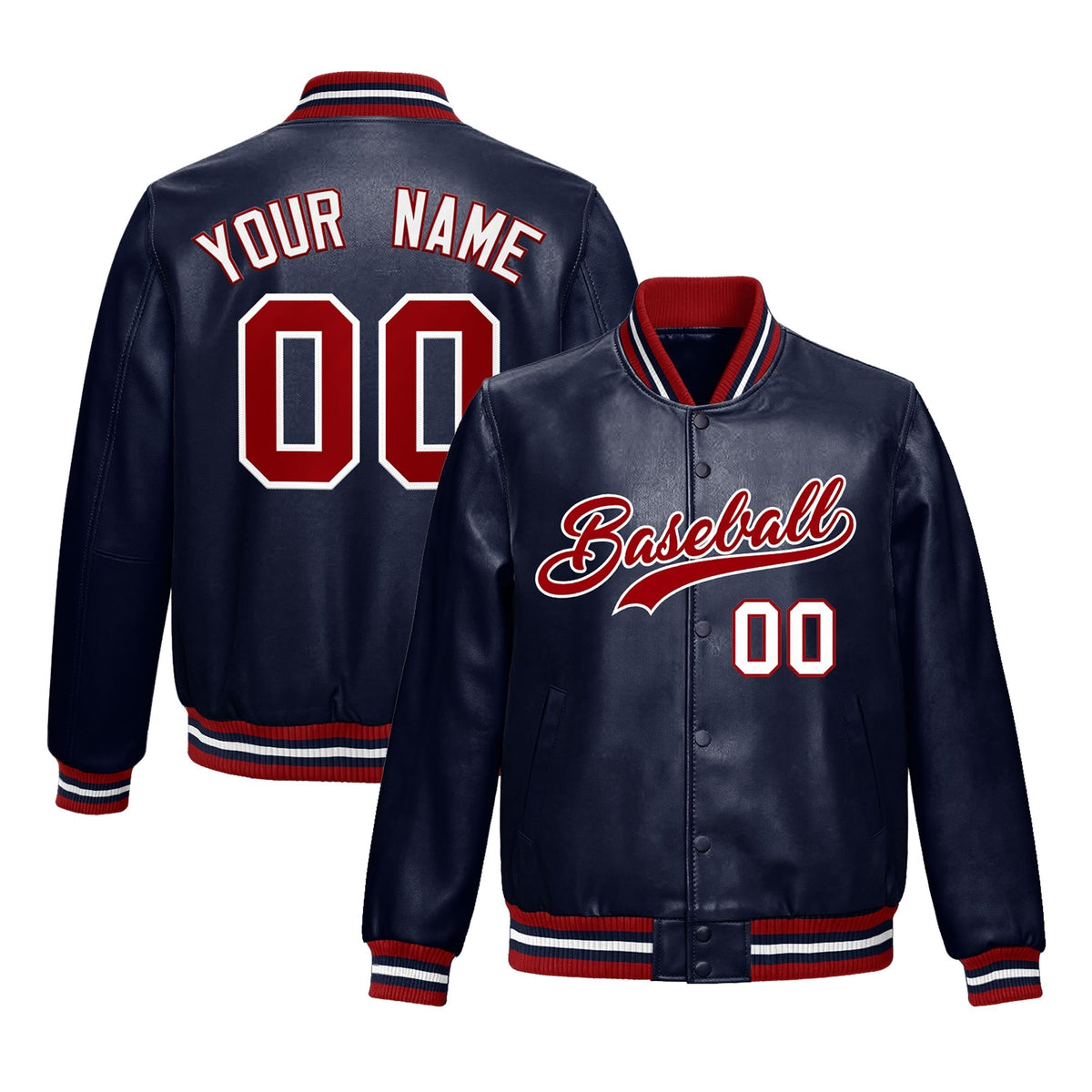 Custom Navy Red Full-Snap Varsity Faux Leather Letterman Jacket| KXKSHOP