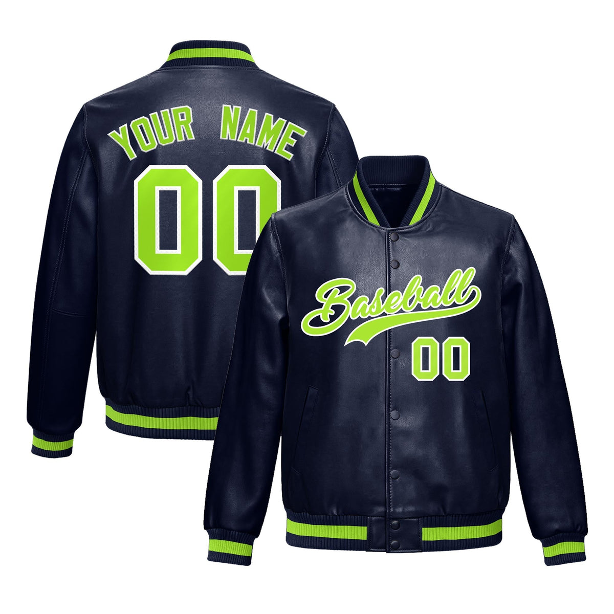 Custom Navy Neon Green White Full-Snap Varsity Faux Leather Letterman Jacket| KXKSHOP