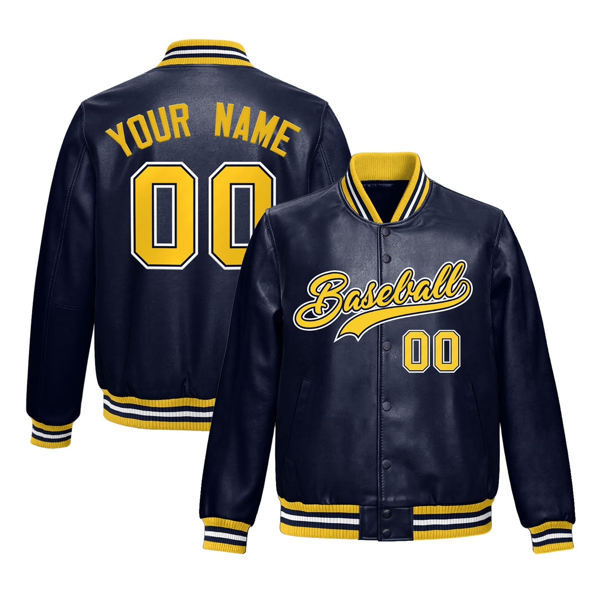 Custom Navy Yellow Full-Snap Varsity Faux Leather Letterman Jacket| KXKSHOP