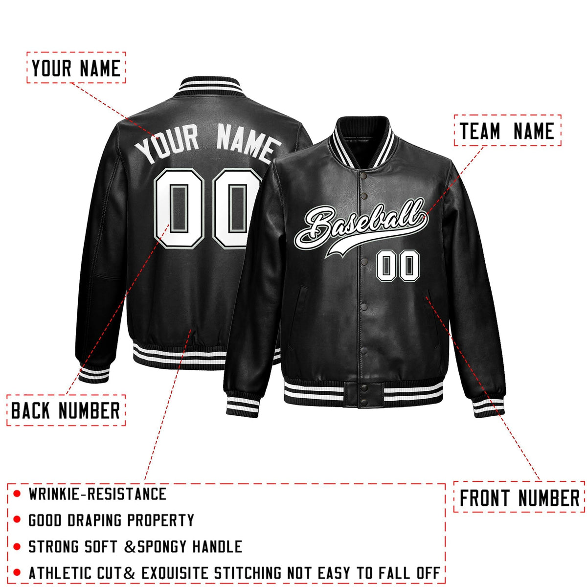 Custom White Black Full-Snap Varsity Faux Leather Letterman Jacket| KXKSHOP