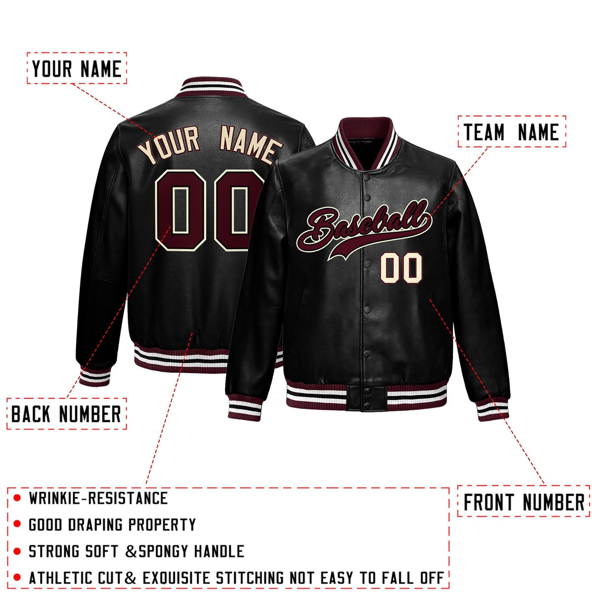 Custom Black Crimson White Full-Snap Varsity Faux Leather Letterman Jacket| KXKSHOP