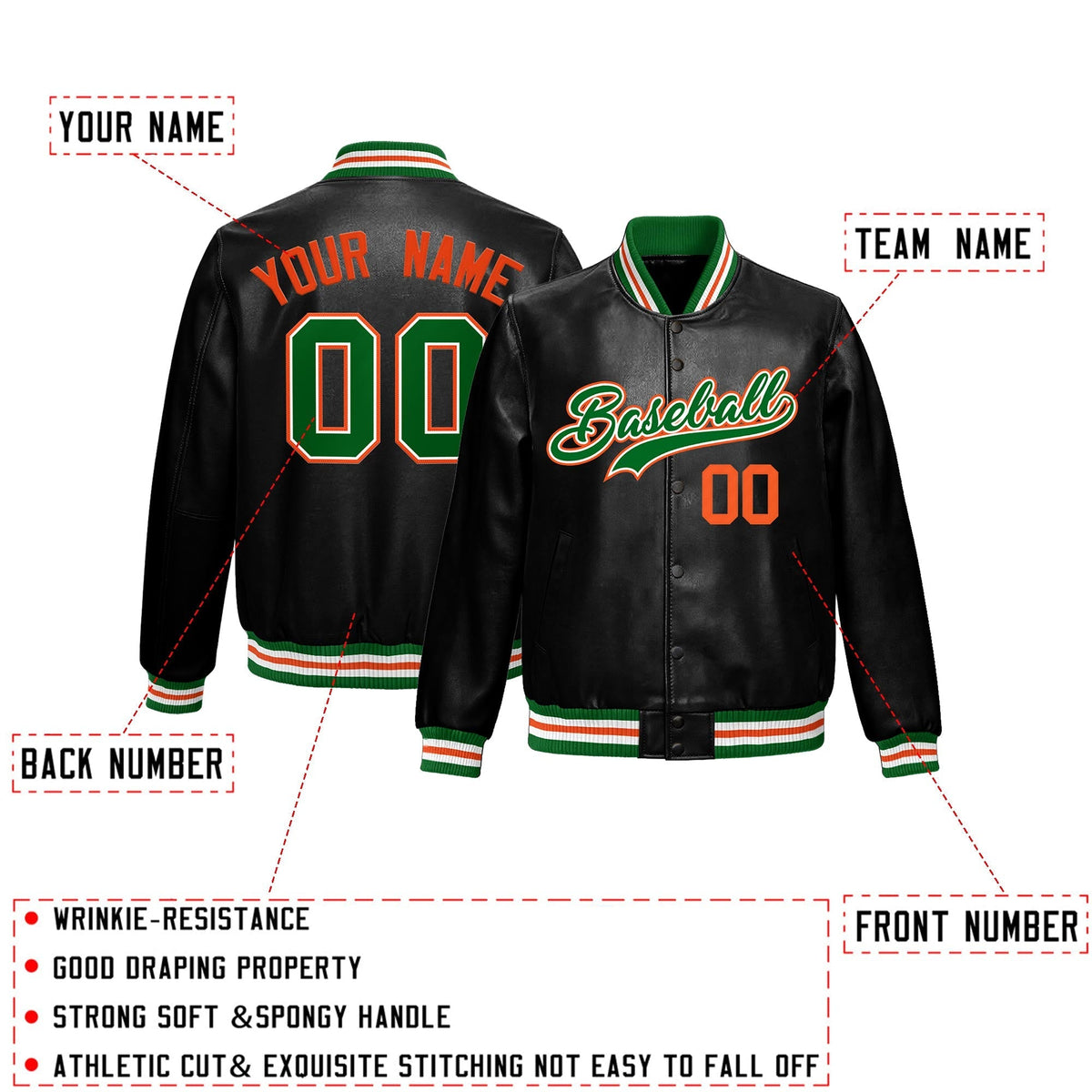 Custom Black Kelly Green Full-Snap Varsity Faux Leather Letterman Jacket| KXKSHOP
