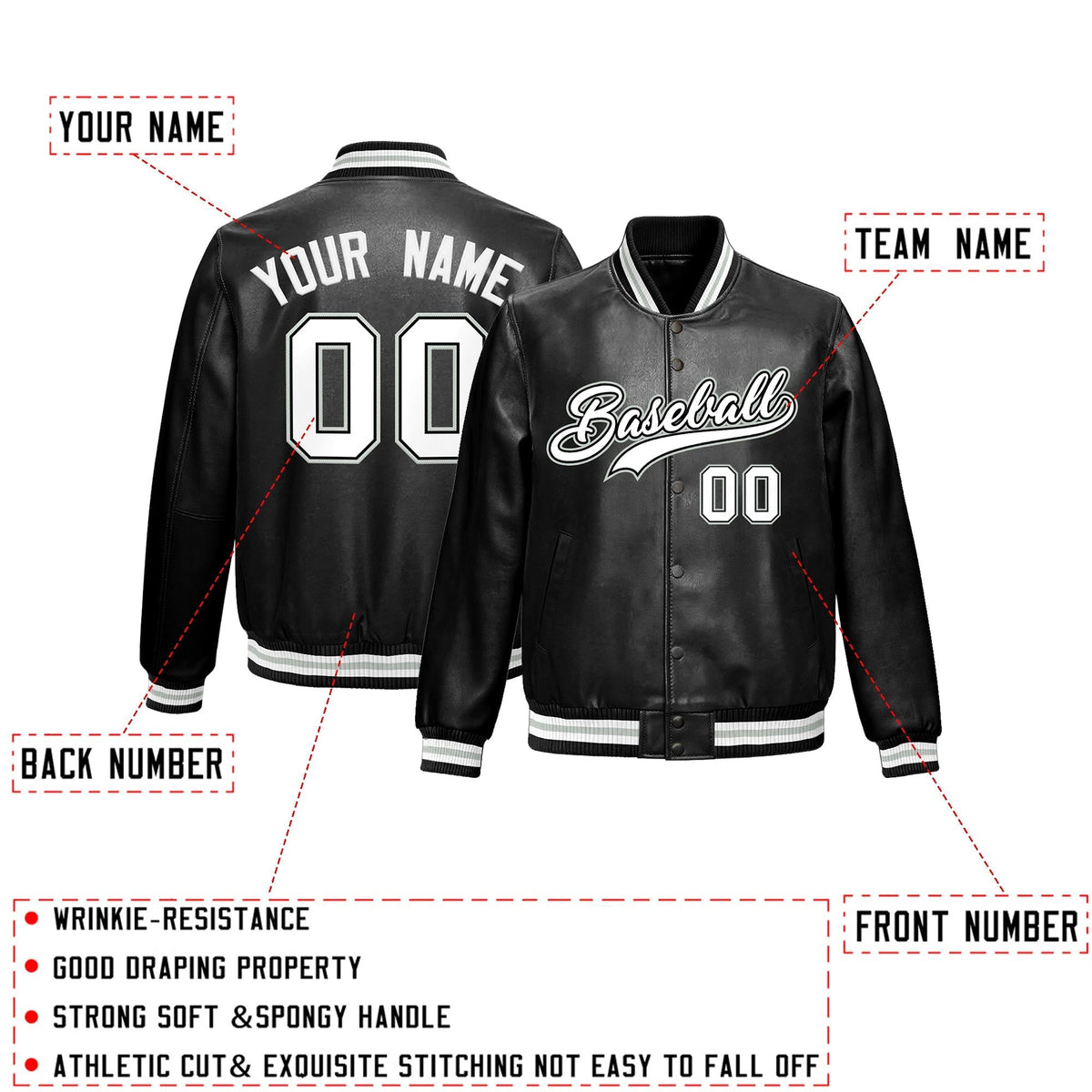 Custom Black White Gray Full-Snap Varsity Faux Leather Letterman Jacket| KXKSHOP