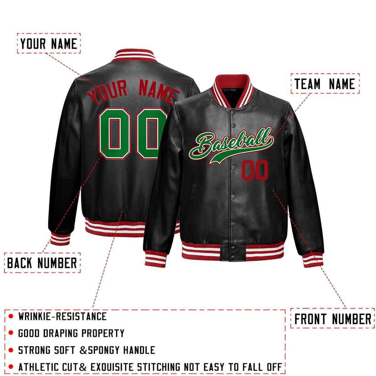 Custom Black Red Kelly Green Full-Snap Varsity Faux Leather Letterman Jacket| KXKSHOP