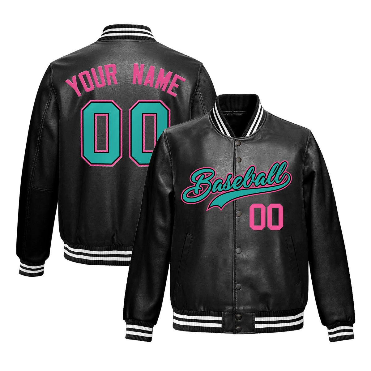 Custom Black Aqua Full-Snap Varsity Faux Leather Letterman Jacket| KXKSHOP