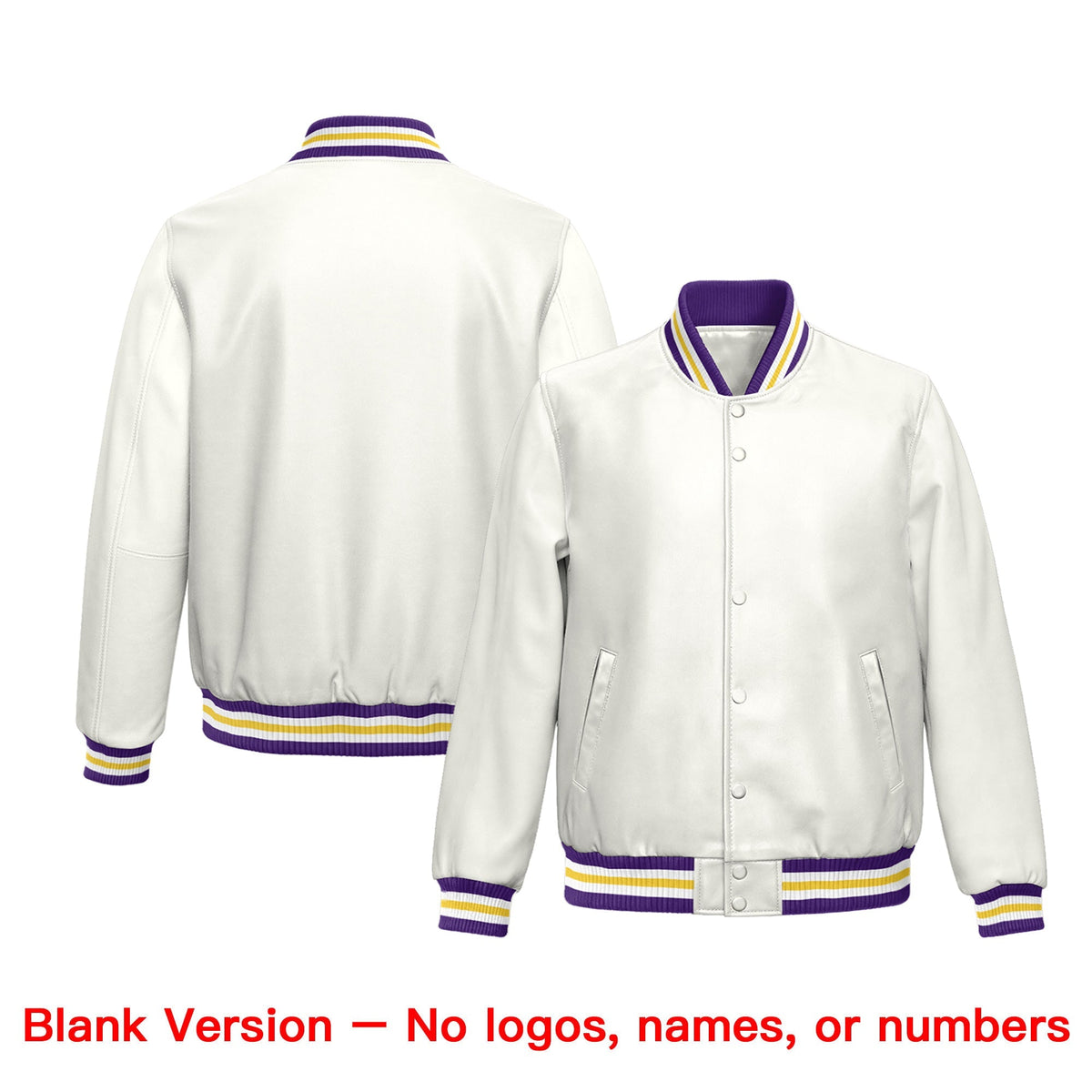 Custom White Purple Yellow Full-Snap Varsity Faux Leather Letterman Jacket| KXKSHOP