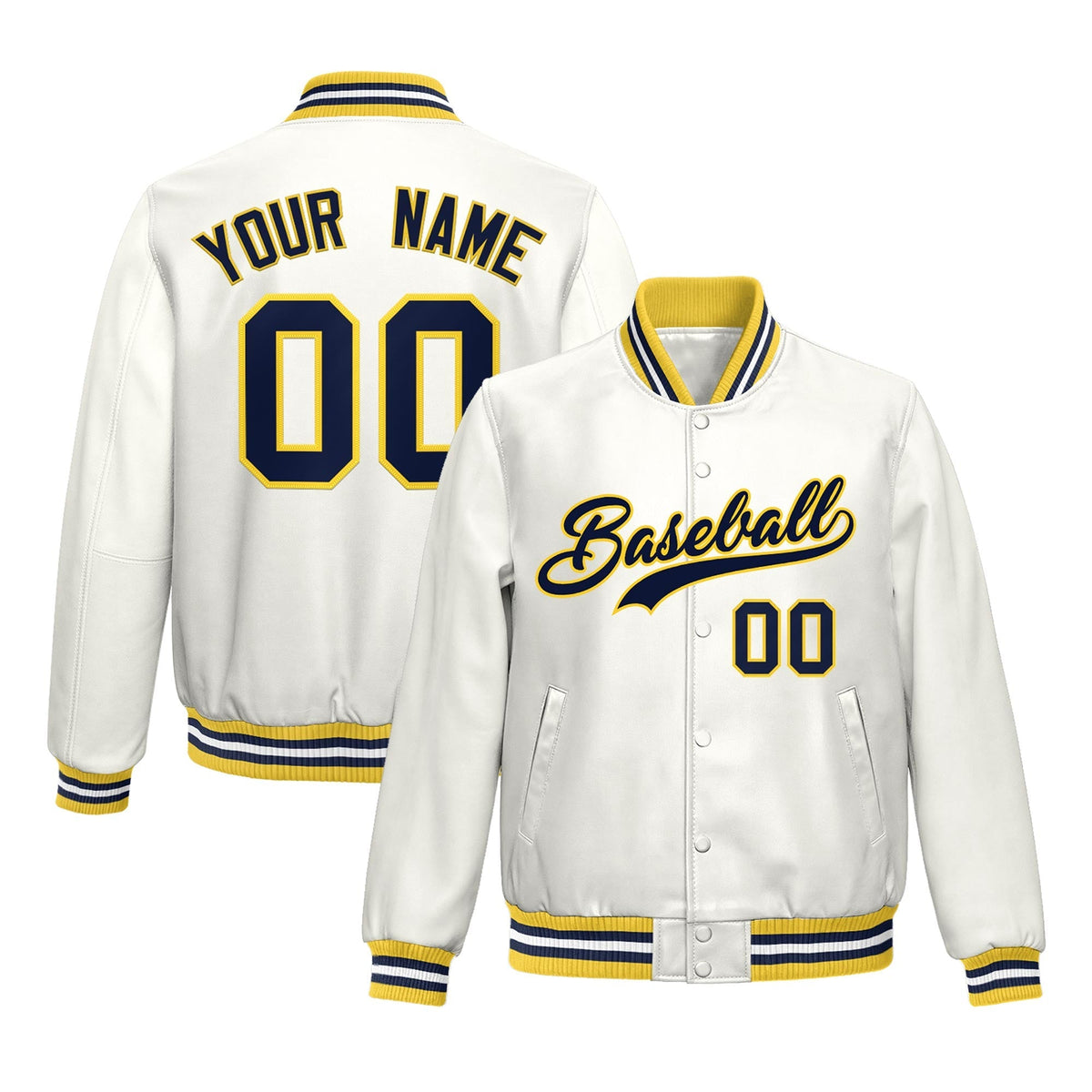 Custom White Yellow Navy Full-Snap Varsity Faux Leather Letterman Jacket| KXKSHOP