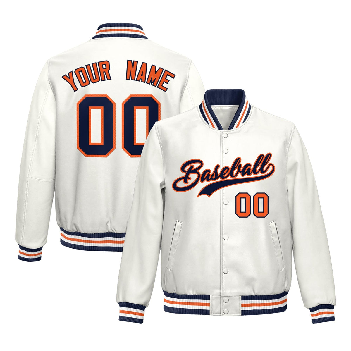 Custom White Navy Orange Full-Snap Varsity Faux Leather Letterman Jacket| KXKSHOP