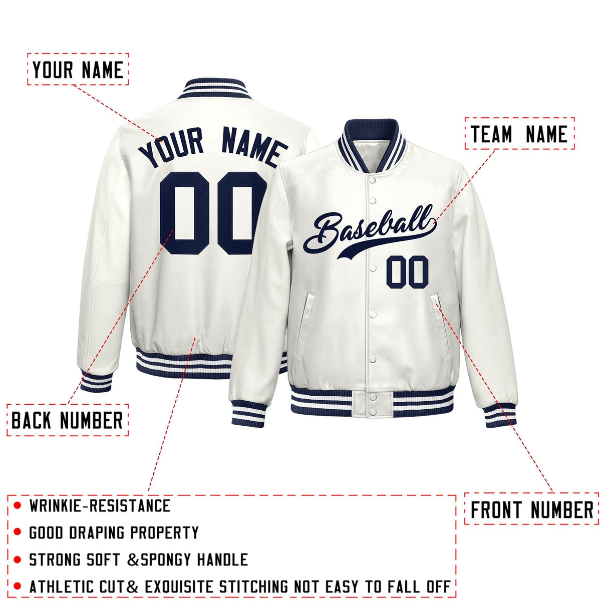 Custom White Navy Full-Snap Varsity Faux Leather Letterman Jacket| KXKSHOP
