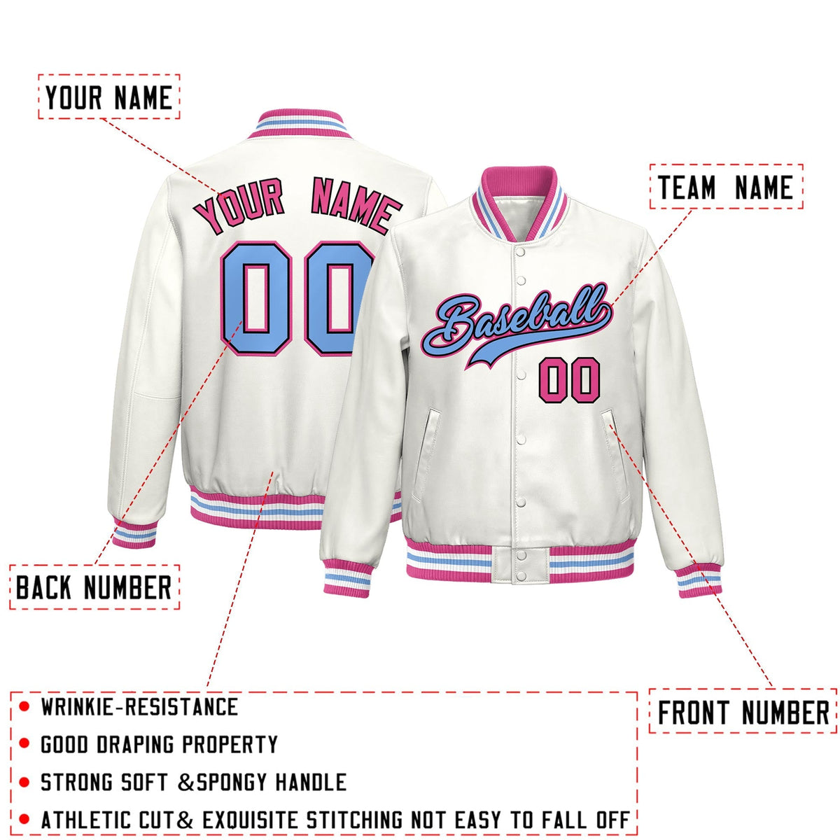 Custom White Pink Full-Snap Varsity Faux Leather Letterman Jacket| KXKSHOP