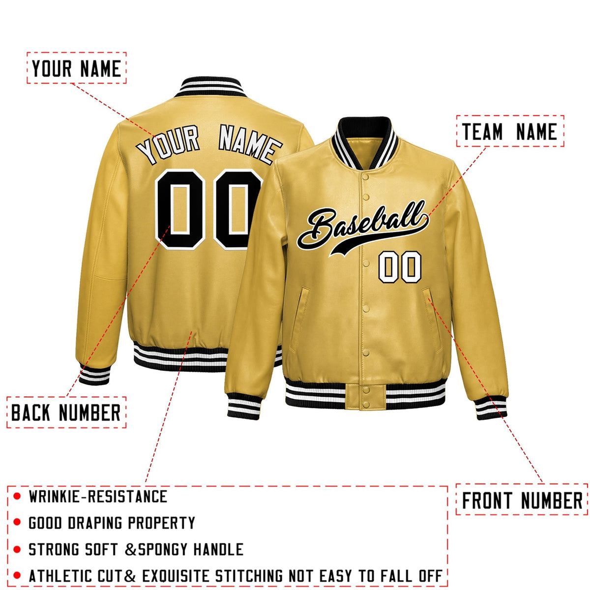 Custom Khaki Black Full-Snap Varsity Faux Leather Letterman Jacket| KXKSHOP