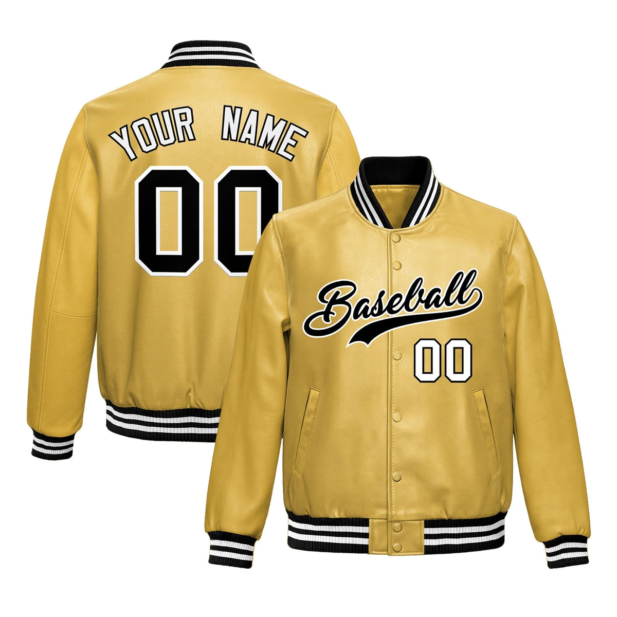 Custom Khaki Black Full-Snap Varsity Faux Leather Letterman Jacket| KXKSHOP