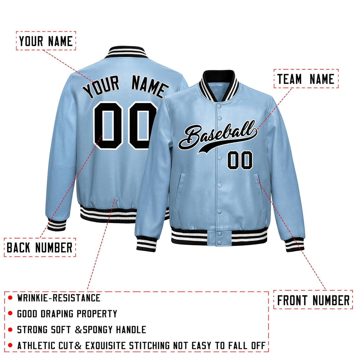 Custom Powder Blue Black Full-Snap Varsity Faux Leather Letterman Jacket| KXKSHOP