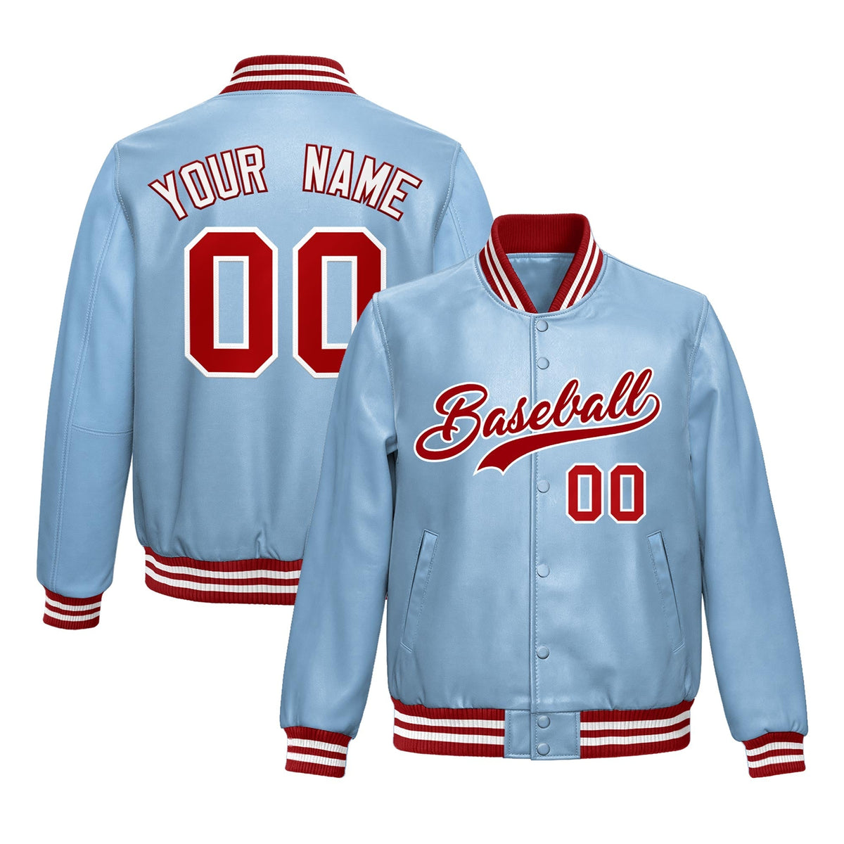 Custom Powder Blue Red Full-Snap Varsity Faux Leather Letterman Jacket| KXKSHOP