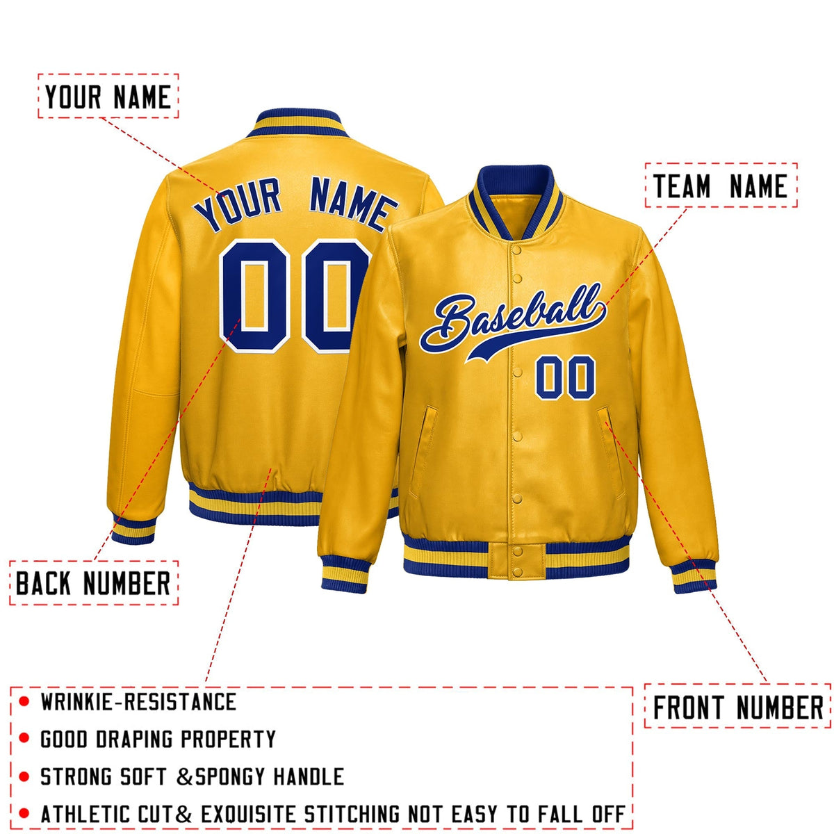 Custom Yellow Royal Blue Full-Snap Varsity Faux Leather Letterman Jacket| KXKSHOP