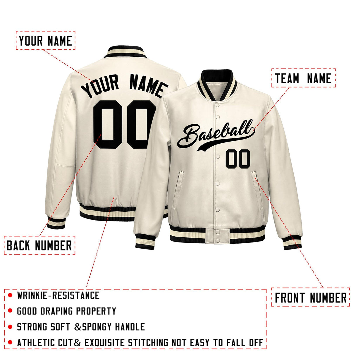 Custom Cream Black Full-Snap Varsity Faux Leather Letterman Jacket| KXKSHOP