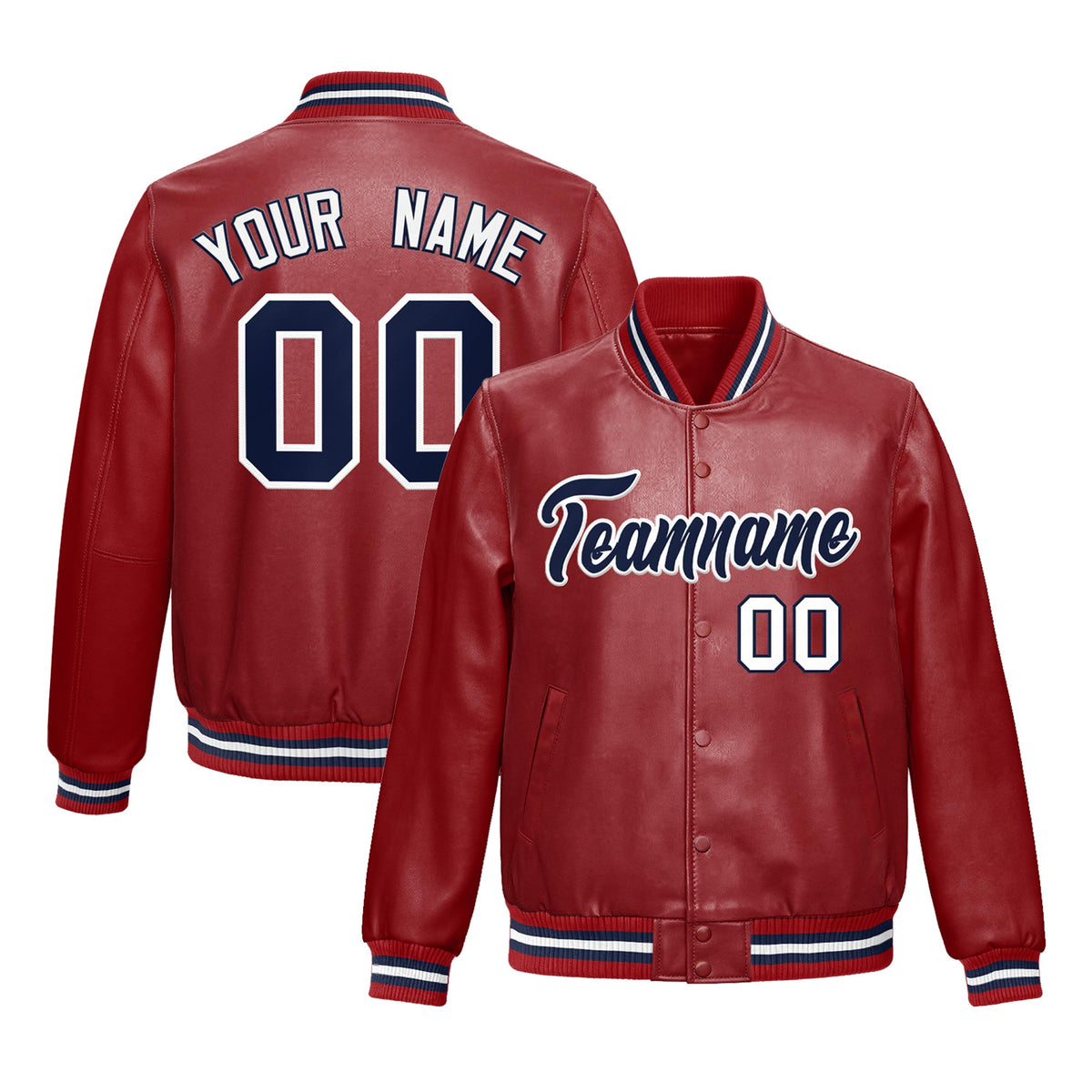 Custom Red Navy Full-Snap Varsity Faux Leather Letterman Jacket| KXKSHOP