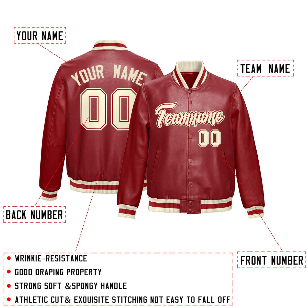 Custom Red Cream Full-Snap Varsity Faux Leather Letterman Jacket| KXKSHOP