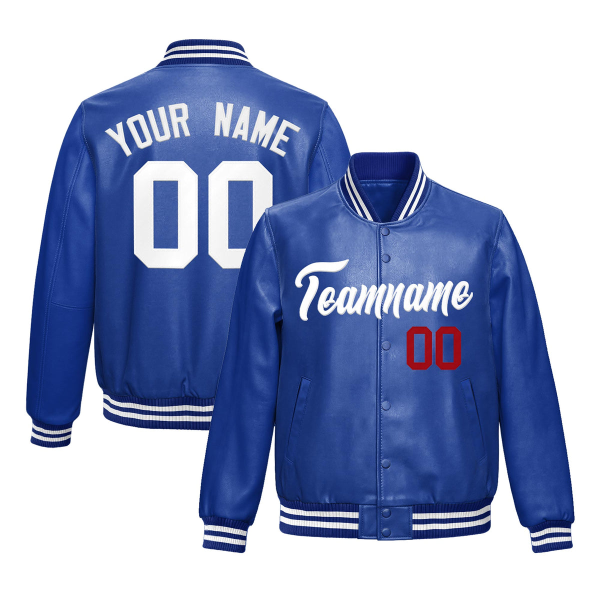 Custom Royal Blue White Full-Snap Varsity Faux Leather Letterman Jacket| KXKSHOP