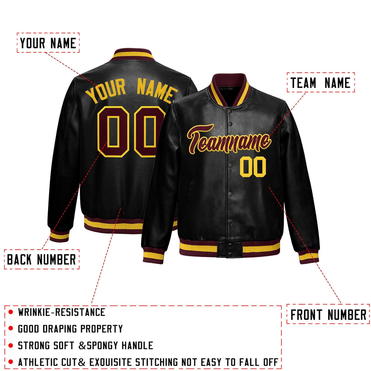 Custom Black Crimson Full-Snap Varsity Faux Leather Letterman Jacket| KXKSHOP