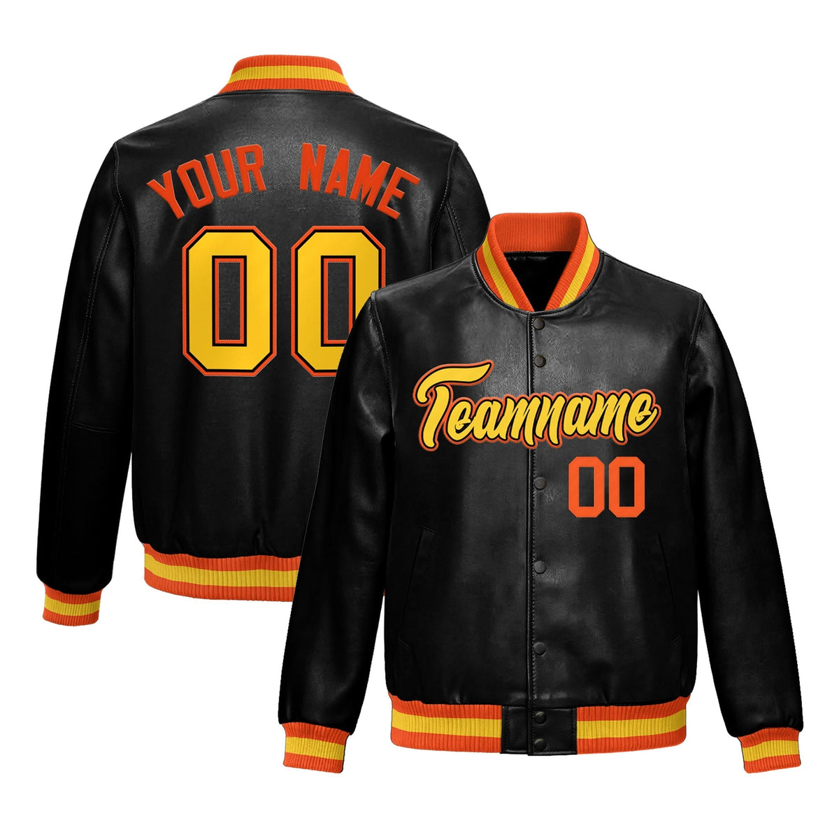 Custom Black Orange Gold Full-Snap Varsity Faux Leather Letterman Jacket| KXKSHOP