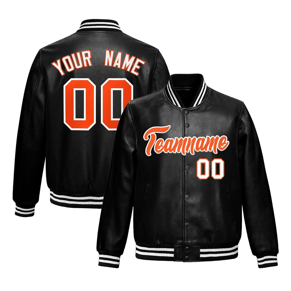 Custom Black Orange White Full-Snap Varsity Faux Leather Letterman Jacket| KXKSHOP