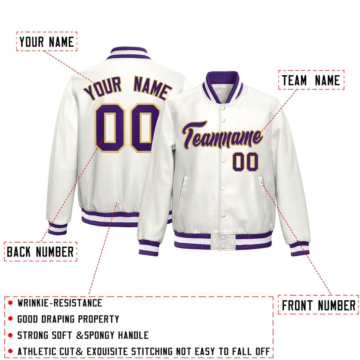 Custom Purple White Full-Snap Varsity Faux Leather Letterman Jacket| KXKSHOP
