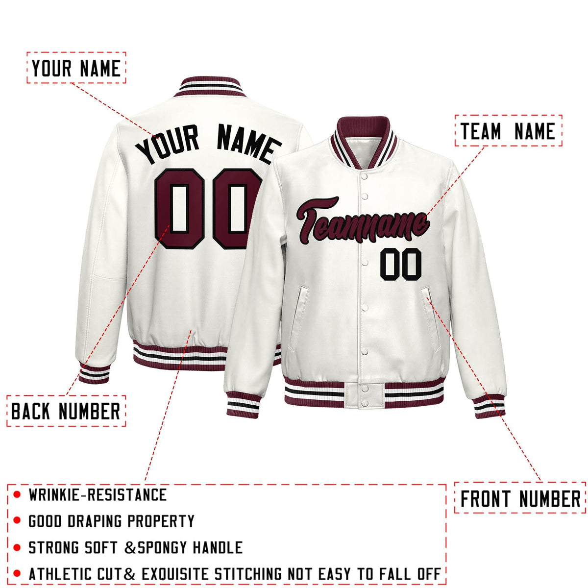 Custom White Crimson Full-Snap Varsity Faux Leather Letterman Jacket| KXKSHOP