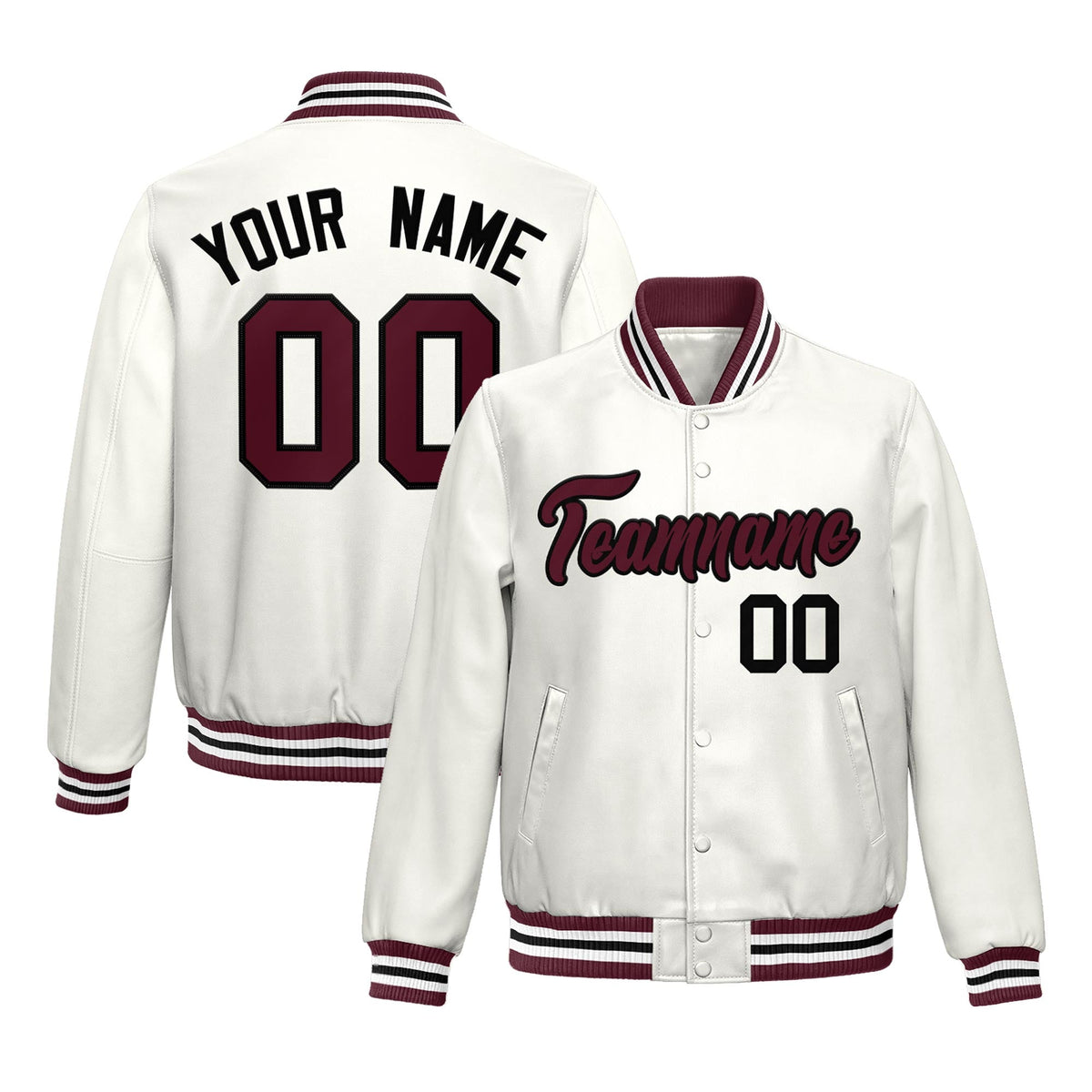 Custom White Crimson Full-Snap Varsity Faux Leather Letterman Jacket| KXKSHOP