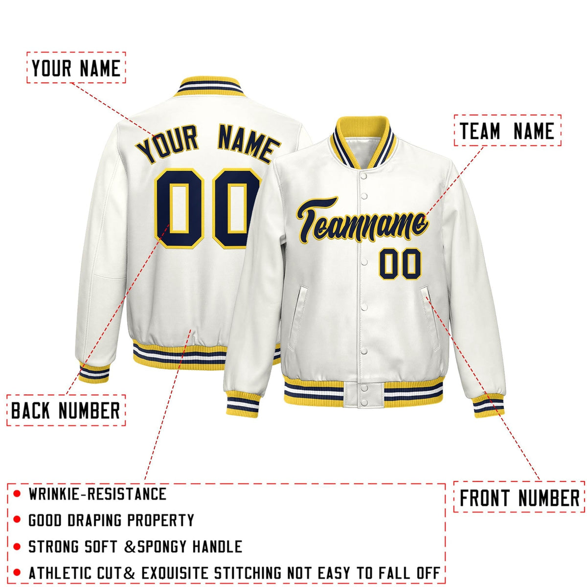 Custom White Yellow Navy Full-Snap Varsity Faux Leather Letterman Jacket| KXKSHOP