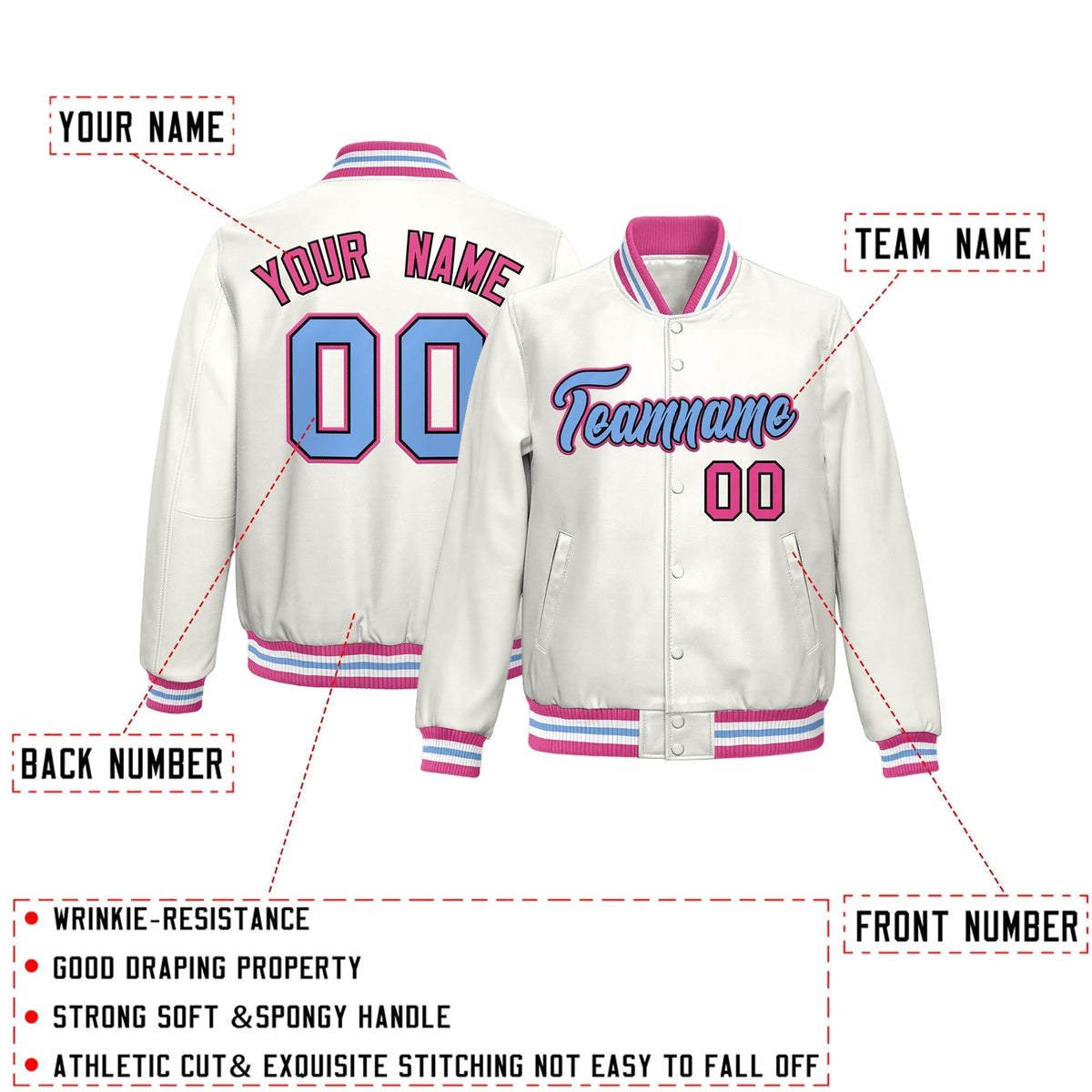 Custom White Pink Full-Snap Varsity Faux Leather Letterman Jacket| KXKSHOP