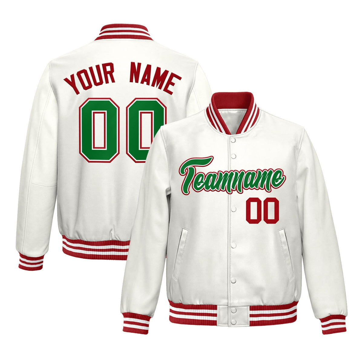 Custom White Kelly Green Full-Snap Varsity Faux Leather Letterman Jacket| KXKSHOP