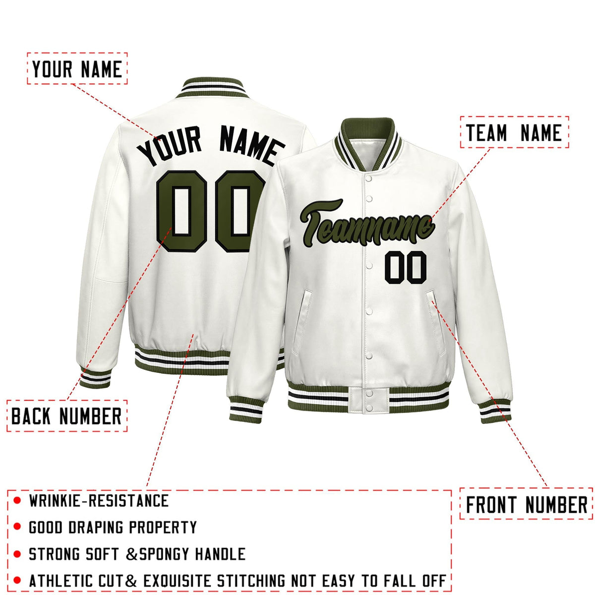 Custom White Olive Full-Snap Varsity Faux Leather Letterman Jacket| KXKSHOP