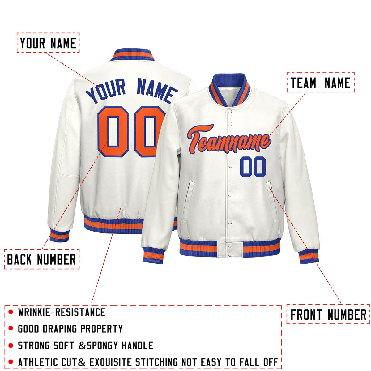 Custom White Royal Blue Orange Full-Snap Varsity Faux Leather Letterman Jacket| KXKSHOP
