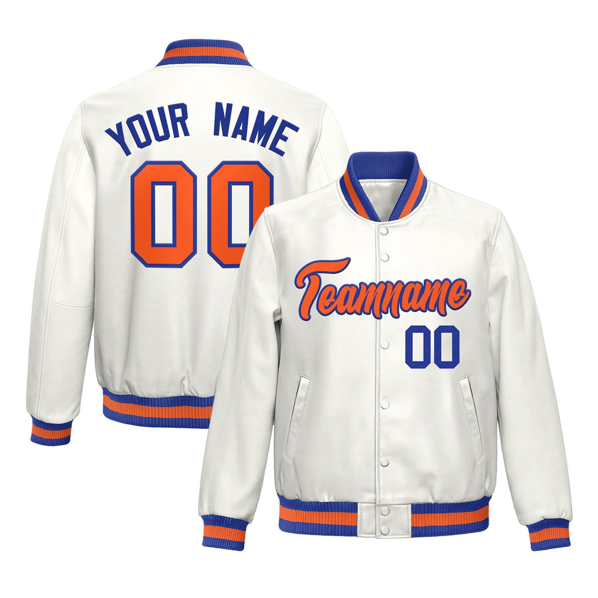 Custom White Royal Blue Orange Full-Snap Varsity Faux Leather Letterman Jacket| KXKSHOP