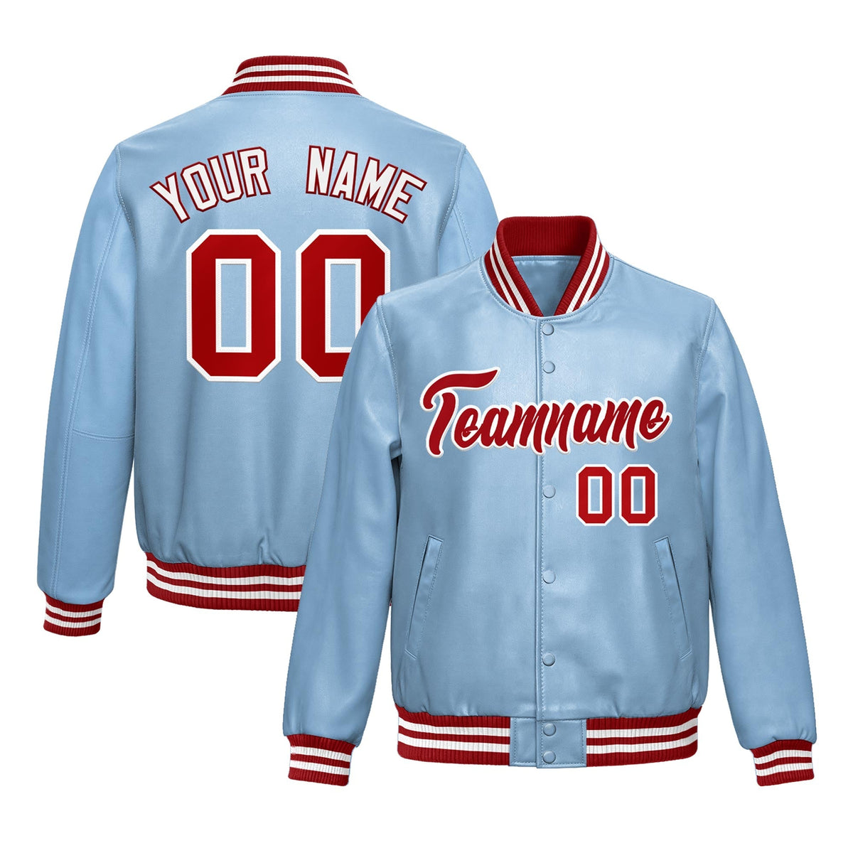 Custom Powder Blue Red Full-Snap Varsity Faux Leather Letterman Jacket| KXKSHOP