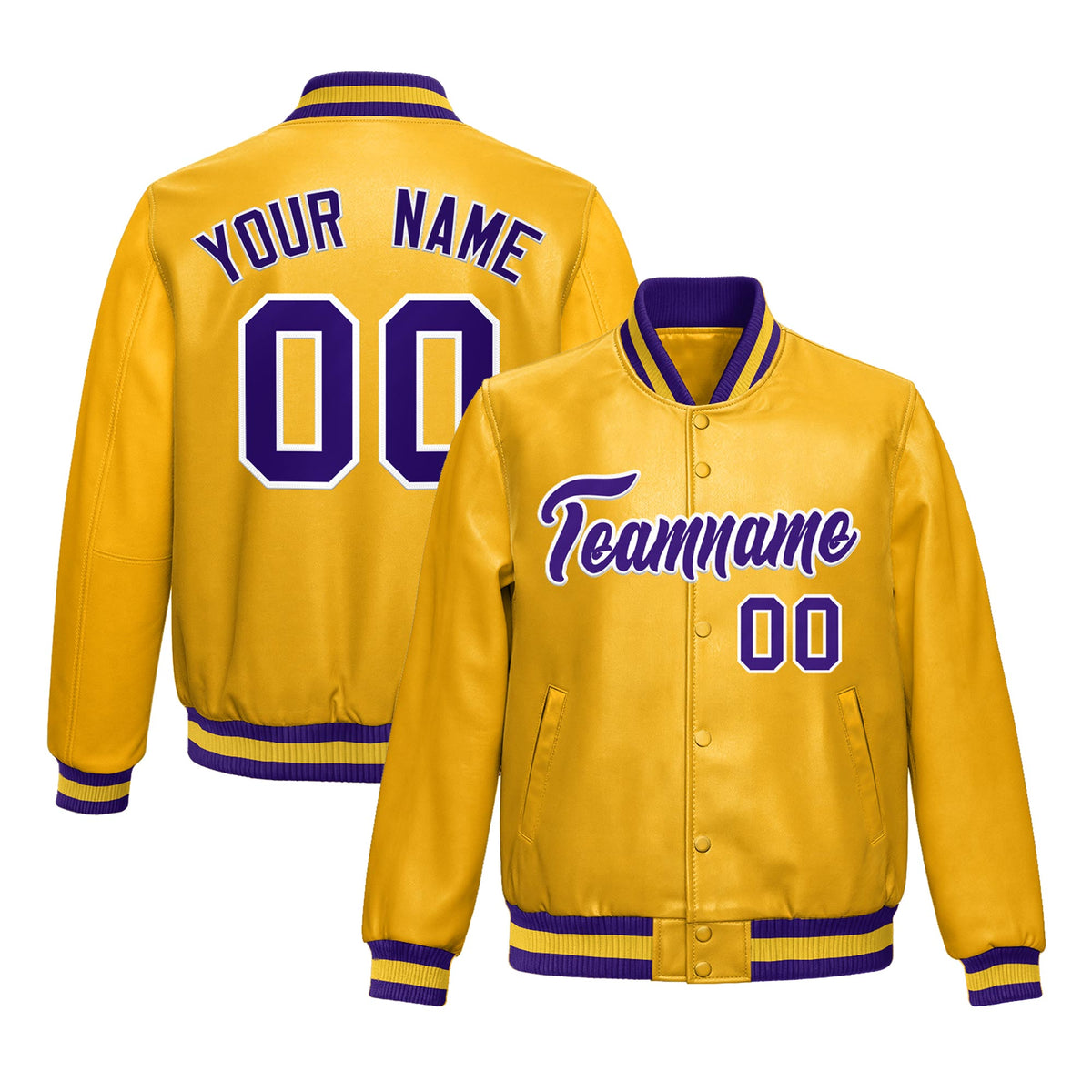 Custom Yellow Purple Full-Snap Varsity Faux Leather Letterman Jacket| KXKSHOP