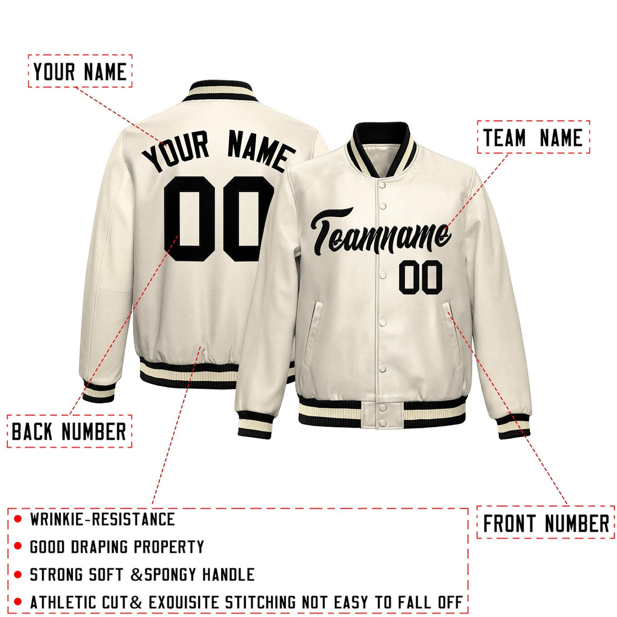 Custom Cream Black Full-Snap Varsity Faux Leather Letterman Jacket| KXKSHOP