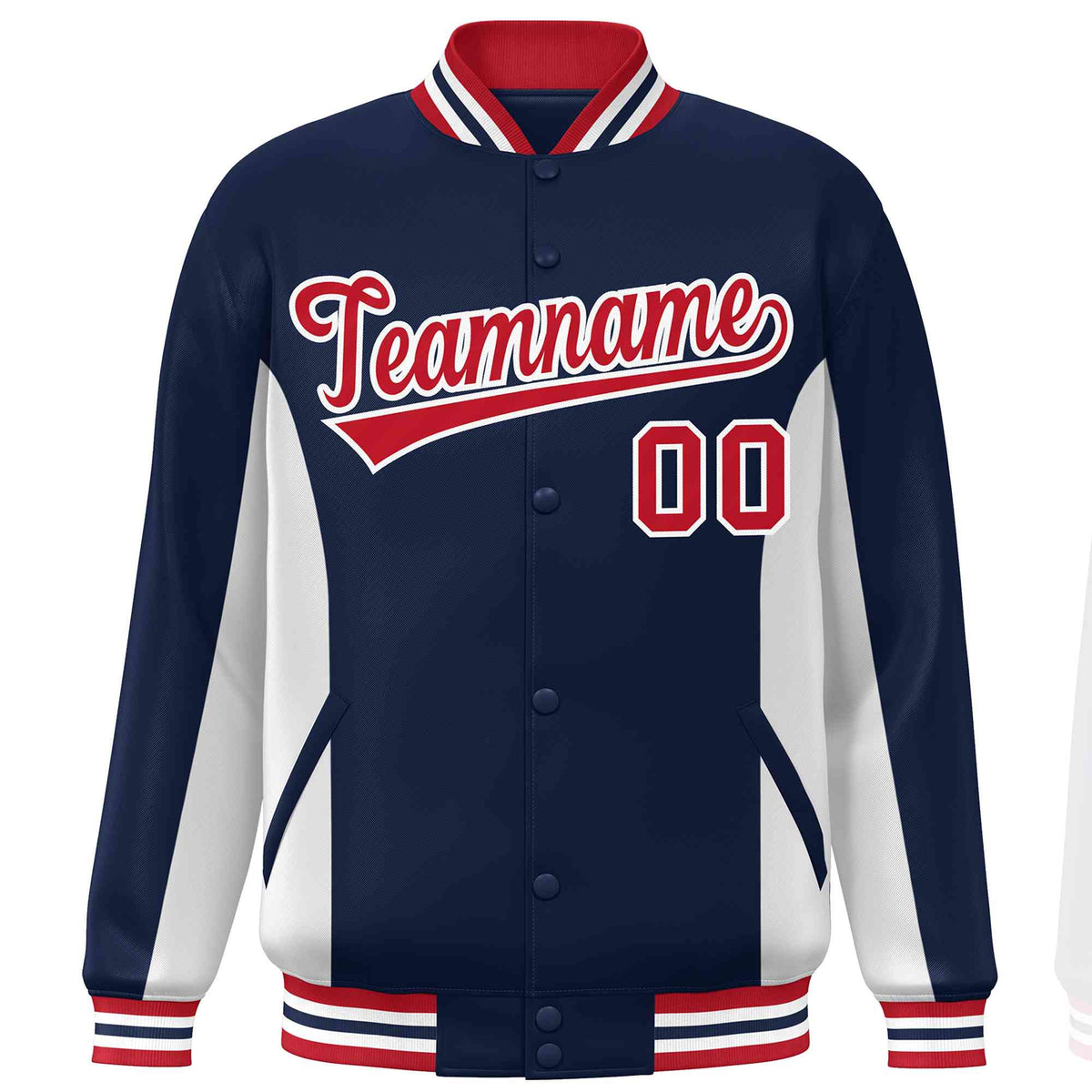 Custom Navy White-Red Varsity Full-Snap Color Block Letterman Baseball Jacket