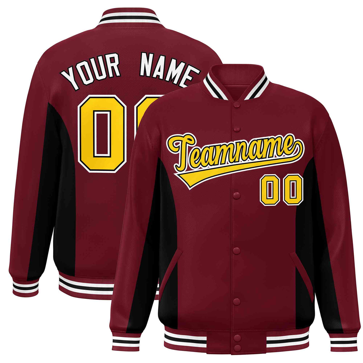 Custom Crimson Black-Gold Varsity Full-Snap Color Block Letterman Baseball Jacket