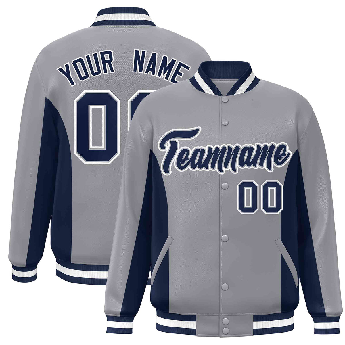 Custom Gray Navy Varsity Full-Snap Color Block Letterman Baseball Jacket
