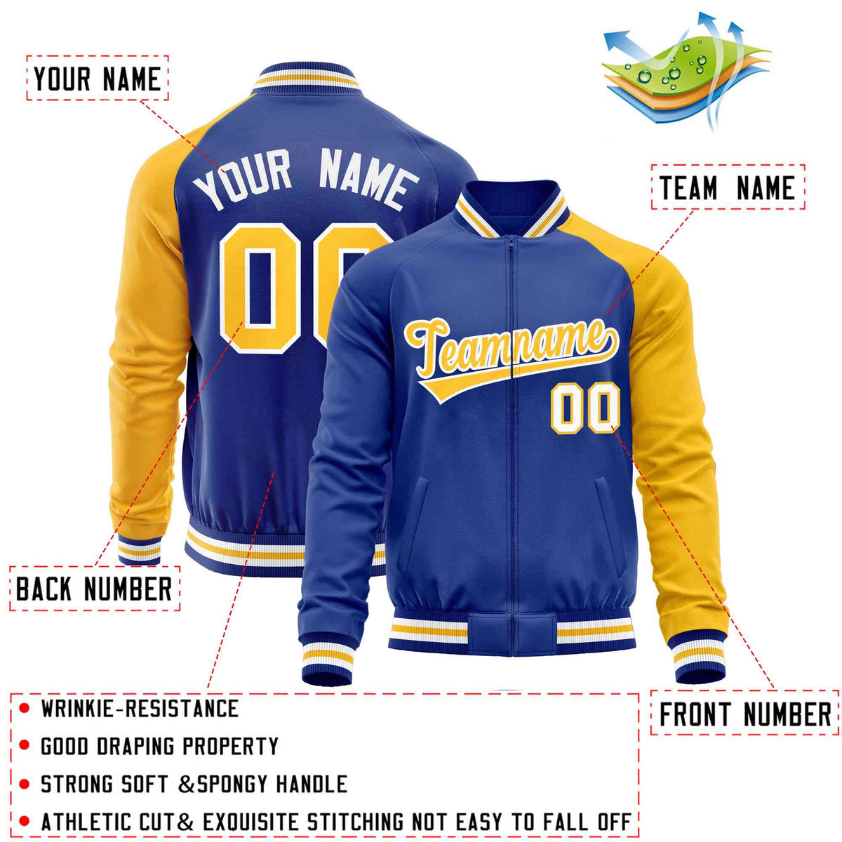 Custom Royal Yellow-Royal Varsity Full-Zip Raglan Sleeves Letterman Baseball Jacket