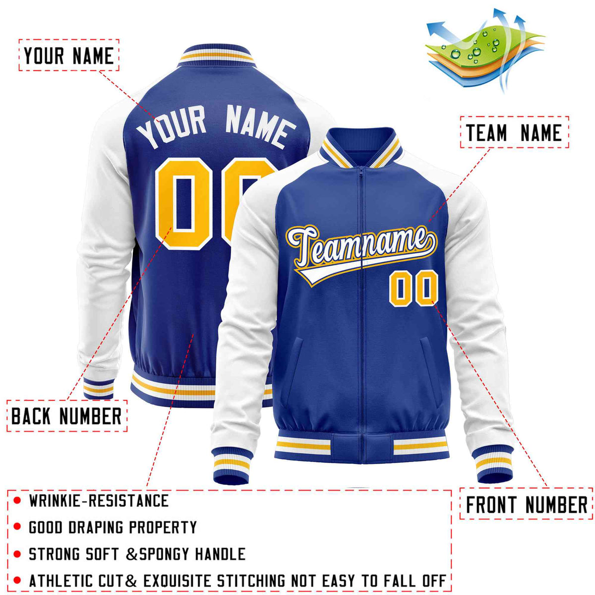 Custom Royal White Varsity Full-Zip Raglan Sleeves Letterman Baseball Jacket