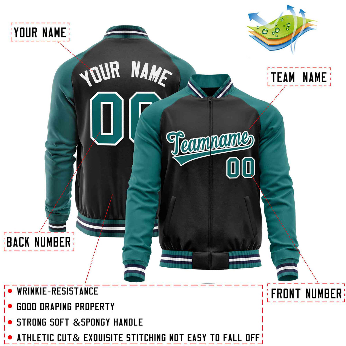 Custom Black Aqua Varsity Full-Zip Raglan Sleeves Letterman Baseball Jacket
