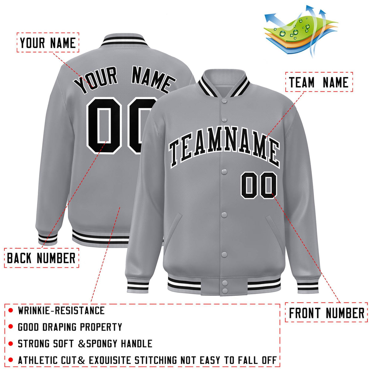 Custom Gray Black-White Letterman Classic Style Varsity Full-Snap Jacket