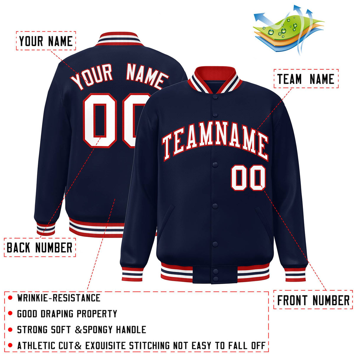 Custom Navy White-Red Letterman Two Tone Classic Style Varsity Full-Snap Jacket